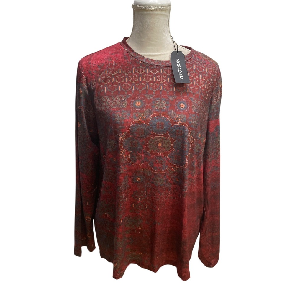 Noracora Womens XL Red Persian Rug Medallion Print Long Sleeve Crew Neck Top NWT